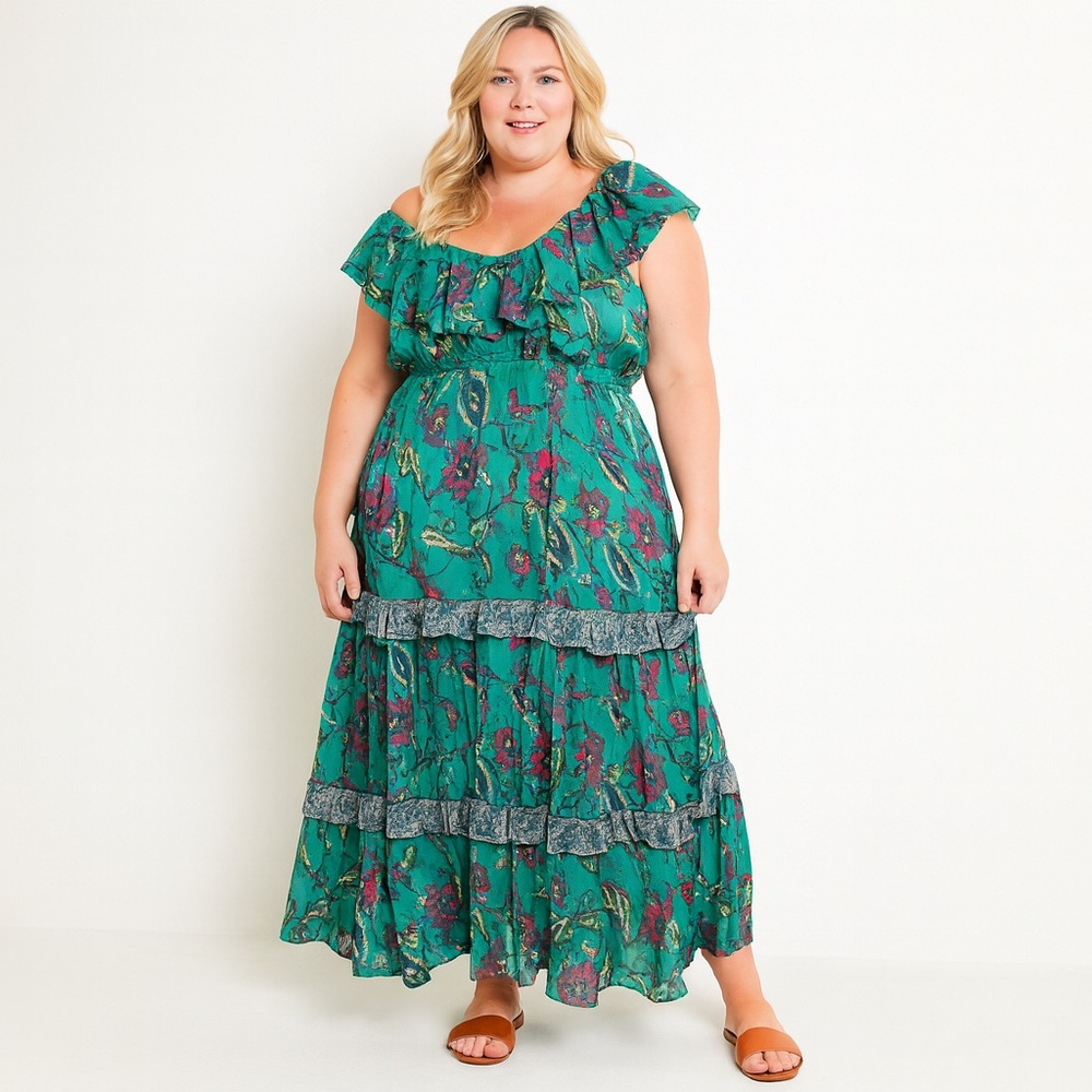 Sundance Jade Green Floral Tiered Ruffle Beaded Maxi Dress Size Large Pretty